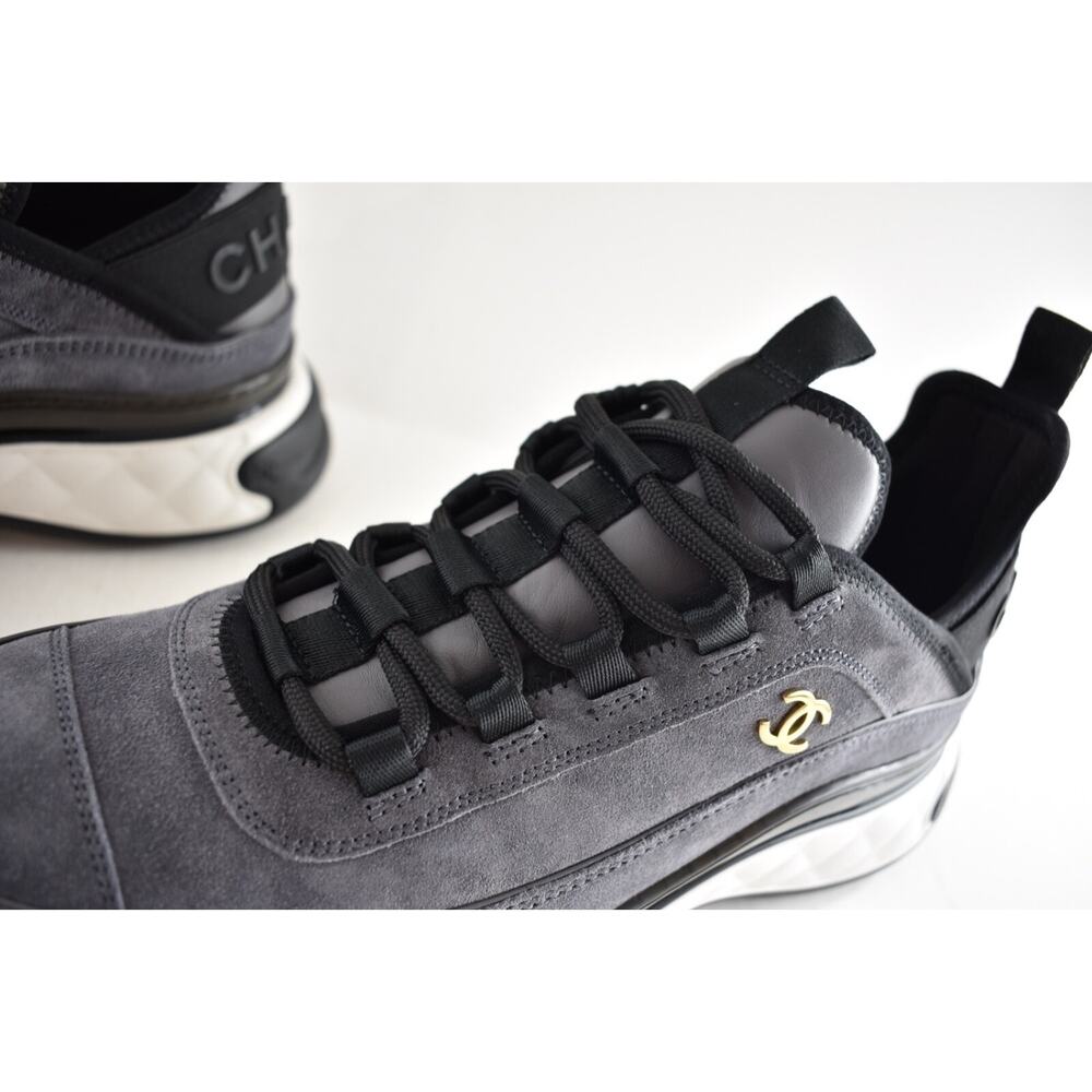 Chanel 23K Grey Suede Black White CC Logo Lace Up Low Top Trainer Sneaker 42 - Picture 11 of 15